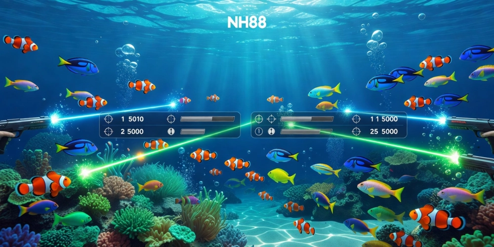 Hình minh họa khái niệm bắn cá online nh88 với giao diện trò chơi sống động và cá đa dạng