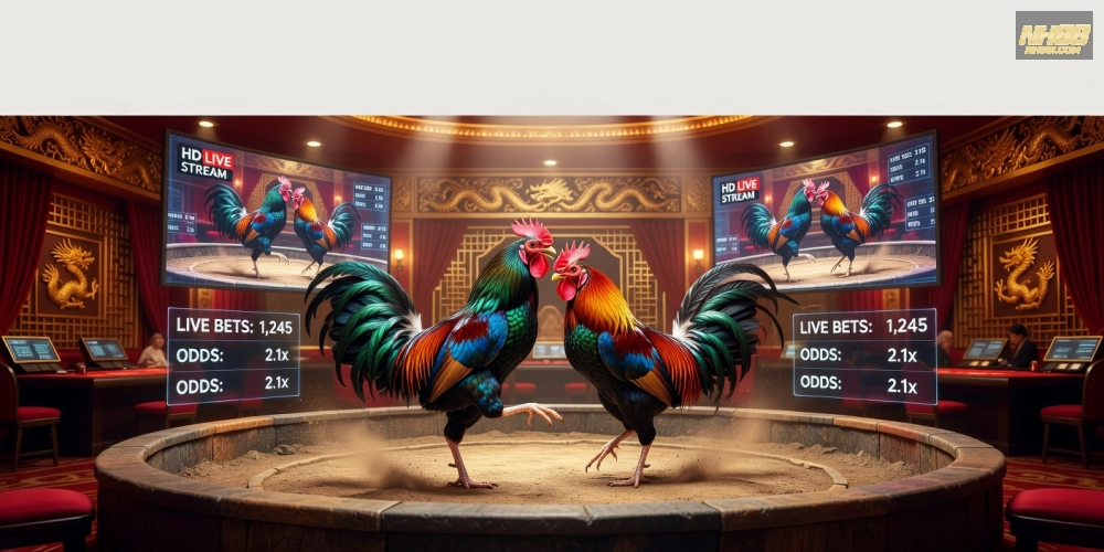 Minh họa khái niệm đá gà trực tiếp qua hình ảnh trường gà hiện đại và màn hình streaming