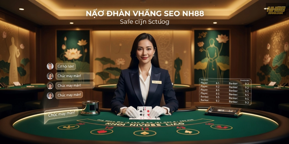 Hình minh họa dealer chuyên nghiệp đang phát bài baccarat live trên nền tảng nh88 với giao diện hiện đại