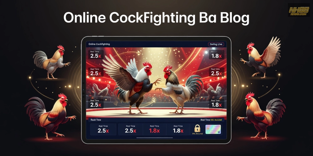Khái niệm đá gà trực tuyến nh88 được minh họa qua giao diện nền tảng hiện đại và biểu tượng gà chọi