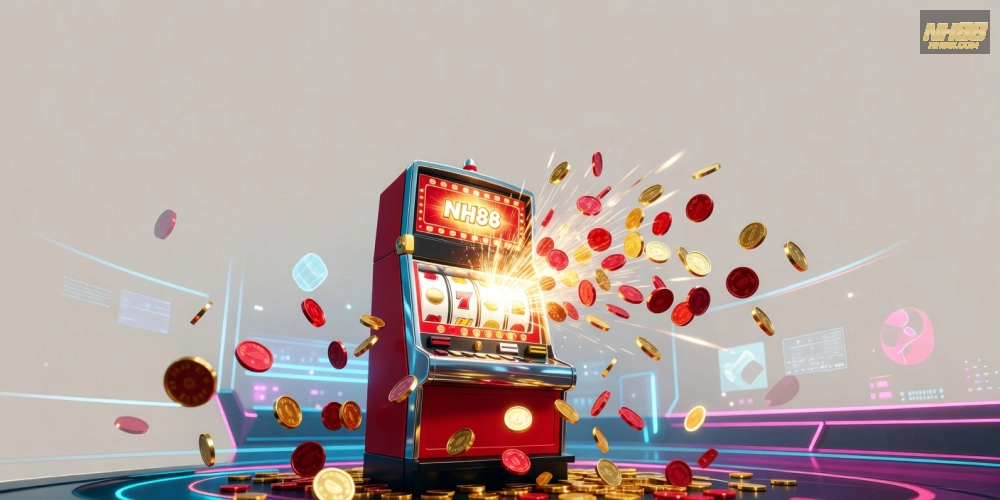 Hình minh họa khái niệm nổ hũ uy tín tại NH88 với jackpot sáng rực và giao diện hiện đại