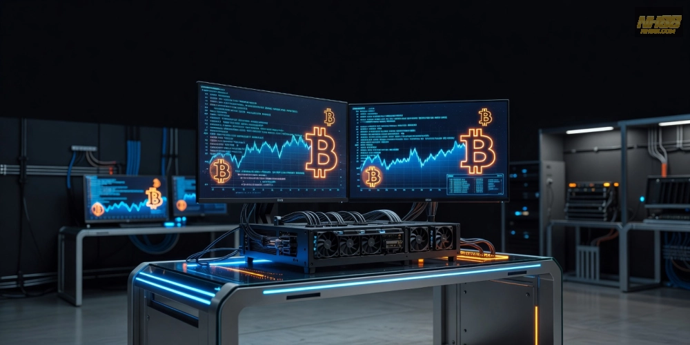 Minh họa khái niệm đào bitcoin trên nền tảng nh88 với thiết bị mining hiện đại