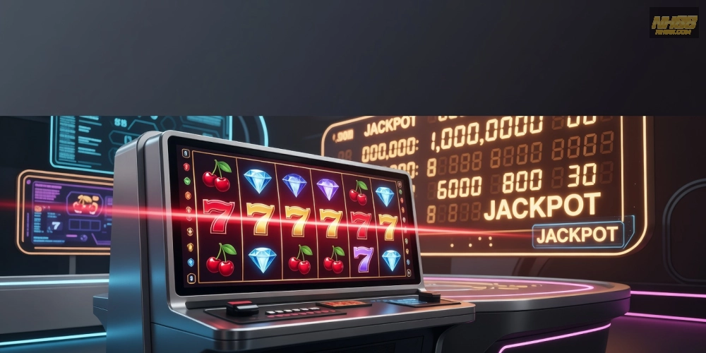 Khái niệm nổ hũ nh88 được minh họa qua hình ảnh slot machine hiện đại với jackpot tích lũy