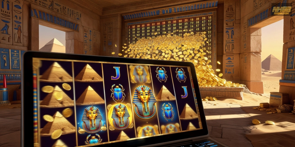 Trò chơi nổ hũ Pharaoh's Gold với biểu tượng Ai Cập cổ đại và jackpot sáng lấp lánh
