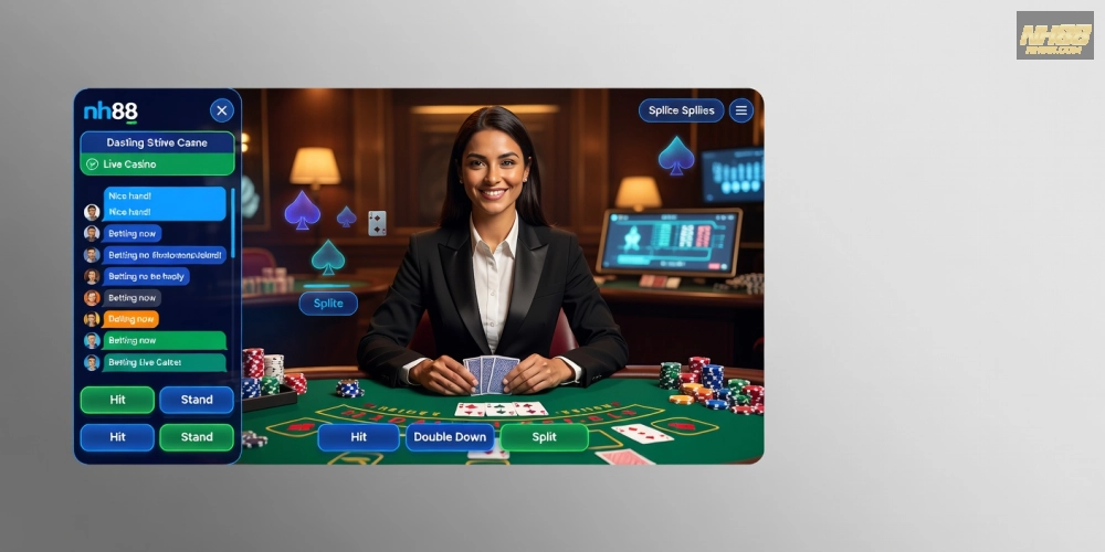 Giao diện top live casino house nh88 với dealer đang phát sóng trò chơi blackjack
